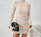 Robe Élégante Tricotée Col Roulé Coupe Ajustée