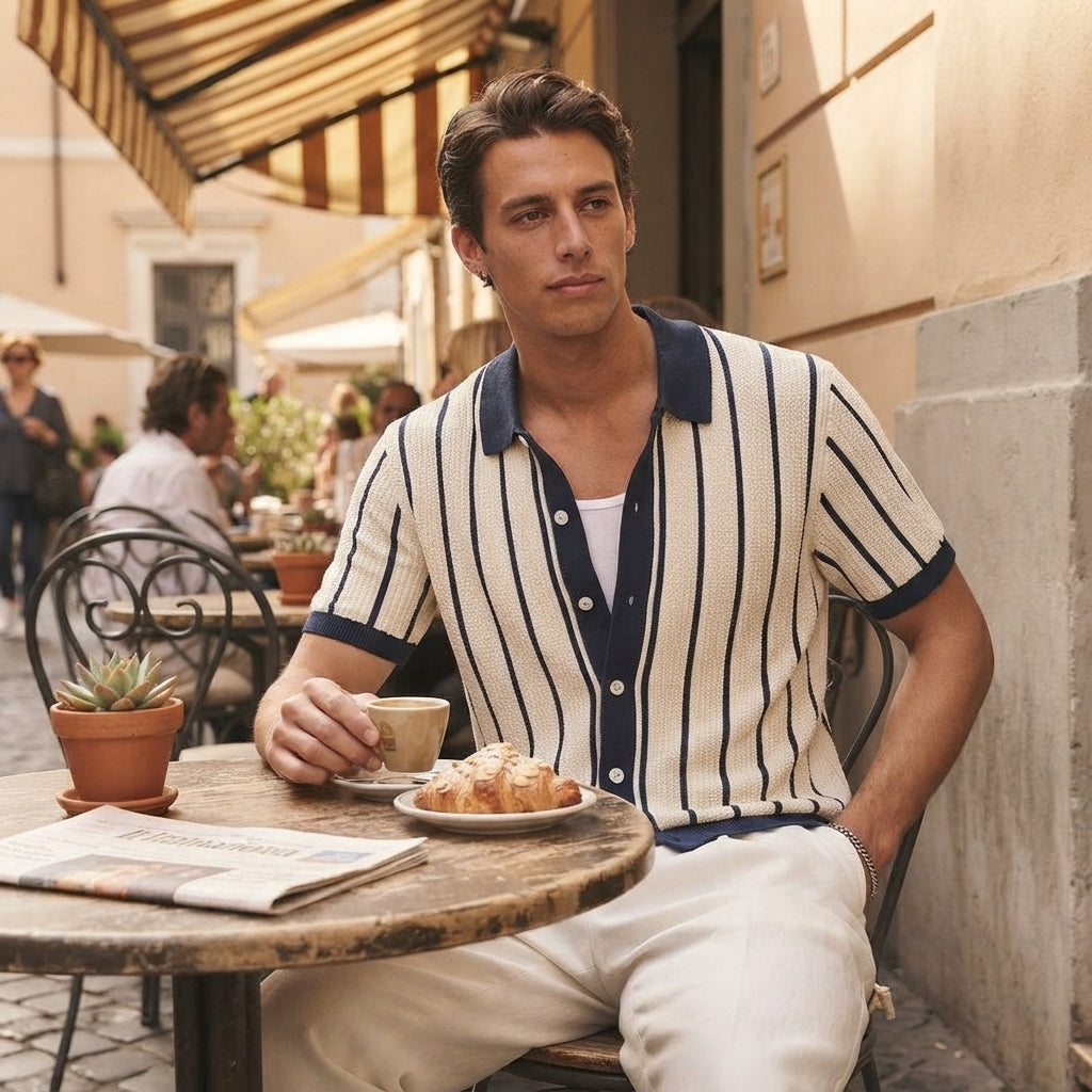 A man wearing a textured vintage knit polo sitting in a sunlit cafe with a modern, sophisticated aesthetic.
