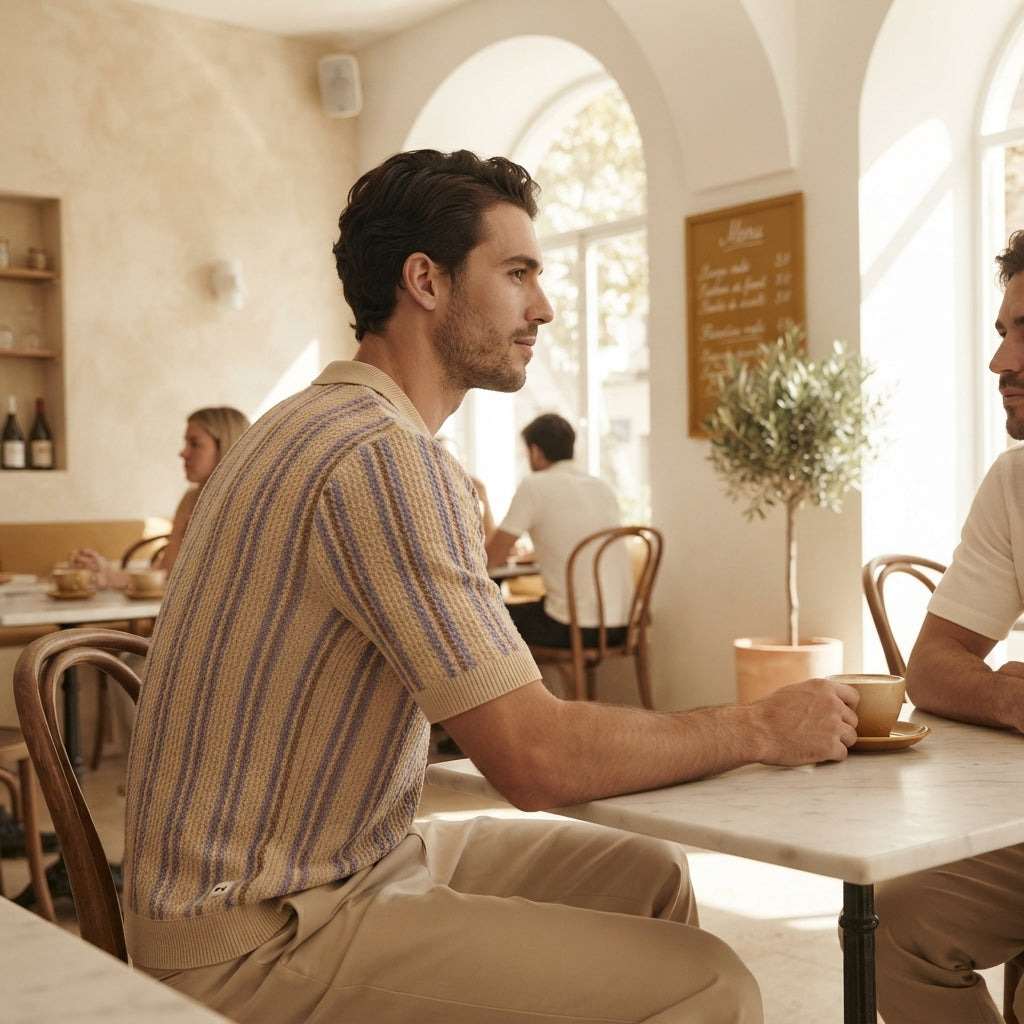 A man wearing a luxury vintage knit polo in a sunlit café, styled for a modern editorial look.
