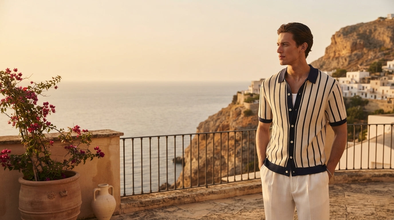 A man in a textured knit polo standing on a sunlit coastal terrace with an open, calm sky background.